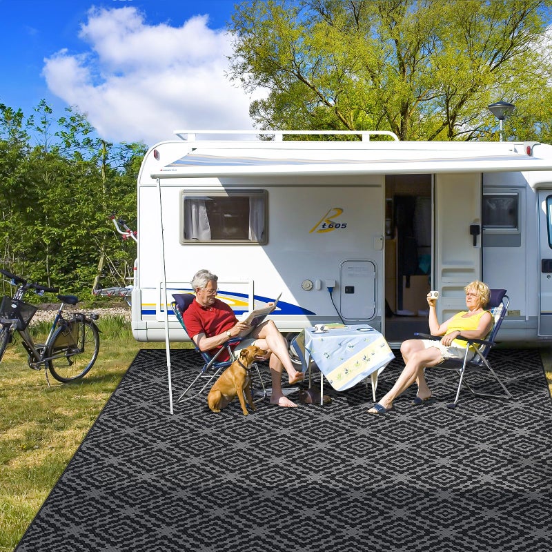 GOTGELIF Outdoor Camping Rug Waterproof 9x18FT, Large Reversible Stain&UV Resistant Plastic Straw RV Rug for Outside Patio Pool Deck Beach Indoor, Area Carpet Mat with Portable Bag&4 Stakes-Black Grey - Image 1