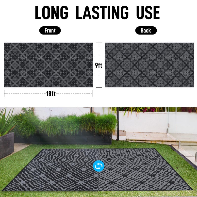 GOTGELIF Outdoor Camping Rug Waterproof 9x18FT, Large Reversible Stain&UV Resistant Plastic Straw RV Rug for Outside Patio Pool Deck Beach Indoor, Area Carpet Mat with Portable Bag&4 Stakes-Black Grey - Image 2
