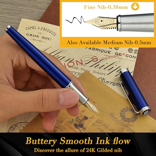 BEILUNER Luxury Fountain Pen Set,Solid 24K Gilded Fine Nib, Modern Classic Limited Edition -Includes 6 Ink Cartridges&Ink Refill Converter with Gift Case-Perfect for Men and Women（Charming blue） - Image 4