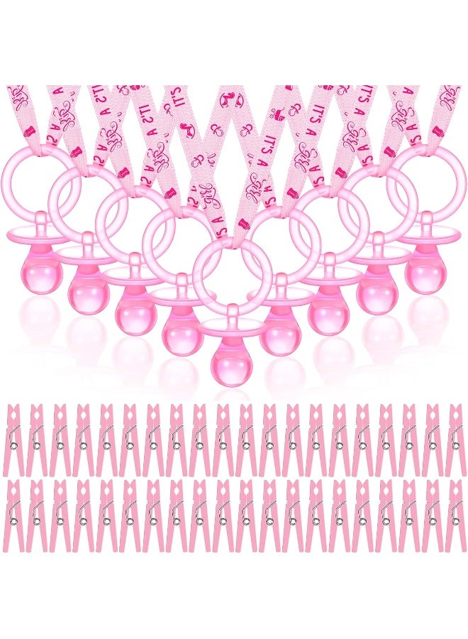 Coume 48 Sets Baby Shower Pacifiers Necklace with Mini Clothes Pins Acrylic Pacifier Bulk Newborn Party Favors for Women Men Baby Shower Decorations Gender Reveal Party Supplies(Pink) - Image 1