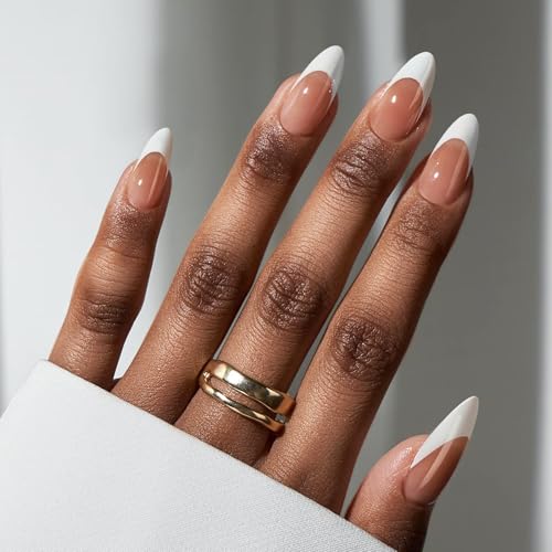 BTArtbox French Tip Press On Nails  Medium Press On Nails Almond Natural Fake Nail with Nail Glue Brown Glue On Nails in 15 Sizes  30 Fake Nails Kit Capable