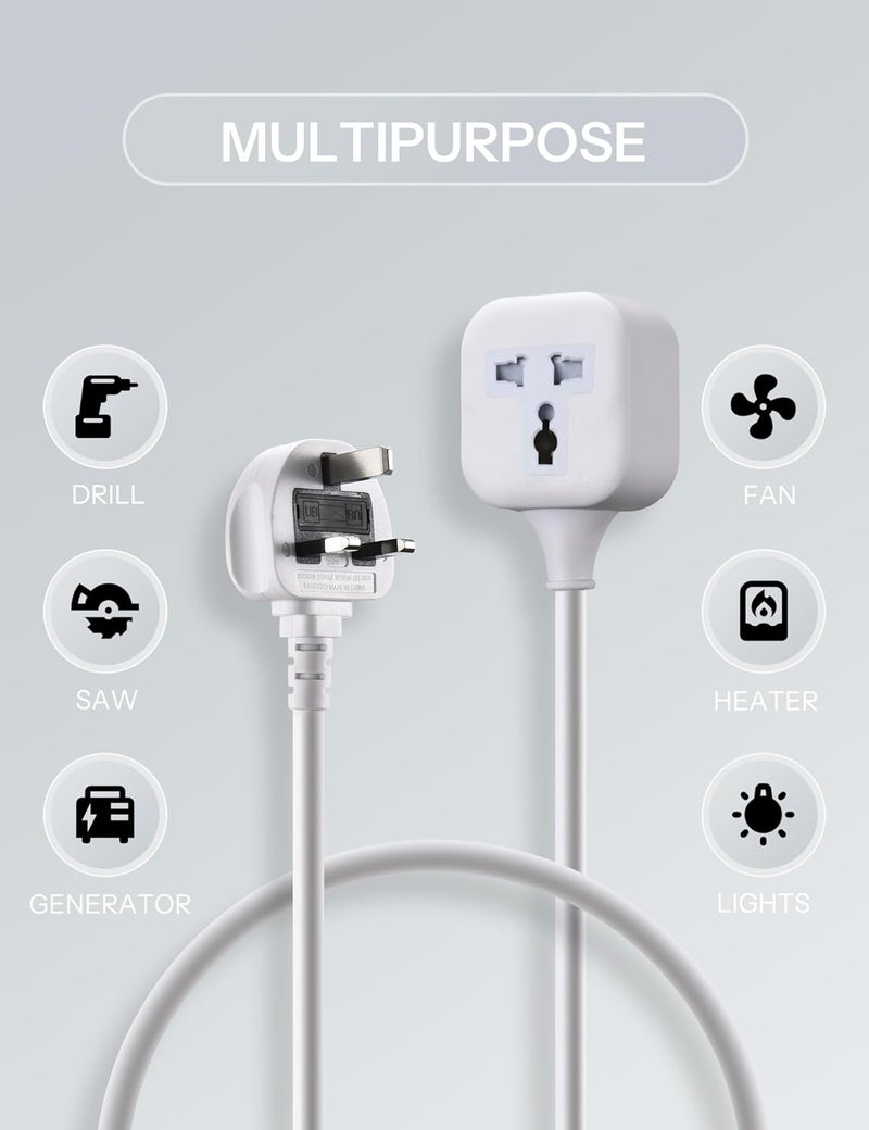 WHonor Extension Lead 3m【Universal】, 1 Way Extension Cord with 3 Pin Plug Power Strip, Tough and Fireproof Single Extension Socket for Home&Office (3m, white universal) - Image 2