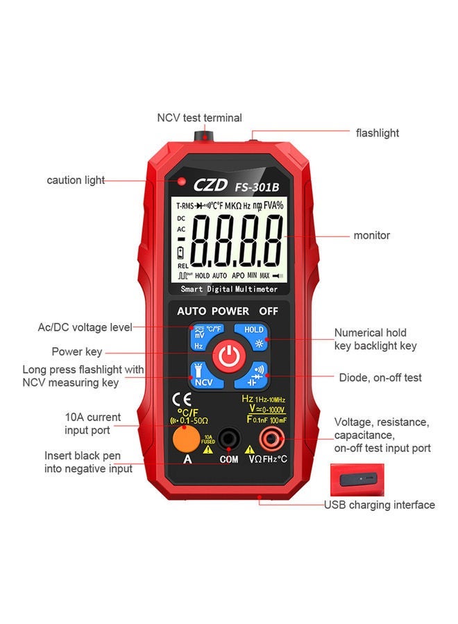 NIBEMINENT Intelligent Portable Multimeter With Large Display Red/Black/Blue - Image 2
