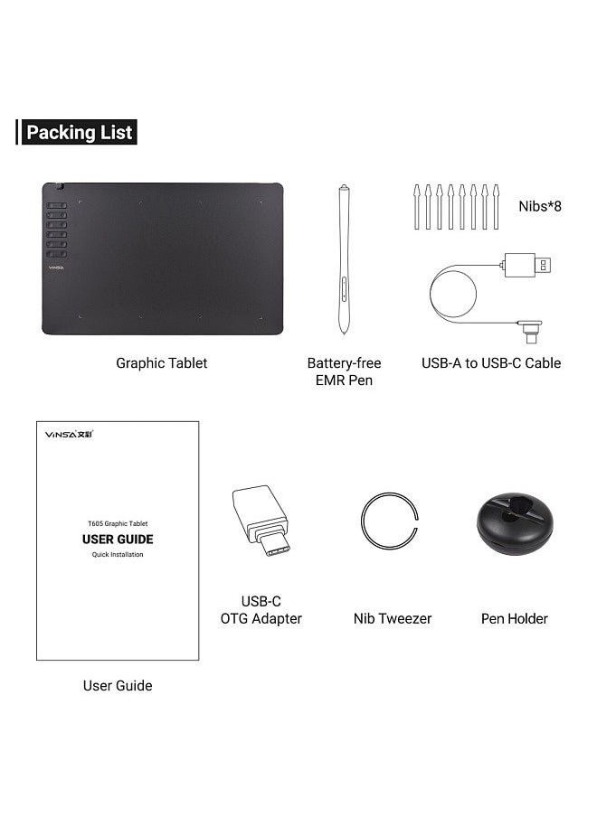 Generic - T1161 Graphics Drawing Tablet Ultra-thin Art Creation Sketch with Battery-free Stylus 8 Pen Nibs 8192 Levels Pressure 12 Customized Shortcut Keys Compatible with Windows Android OTG 11.8''x7.4'' - Image 1