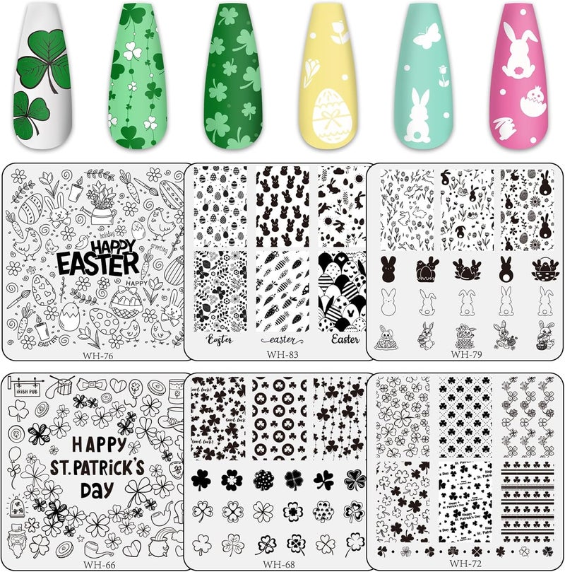 Whaline 6Pcs St Patricks Day  Easter Nail Art Stamping Plates Kit Shamrock Bunny Rabbit Egg Image Stamp Templates Holiday Nail Art Plates for Irish Spring DIY Print Manicure Salon Gift