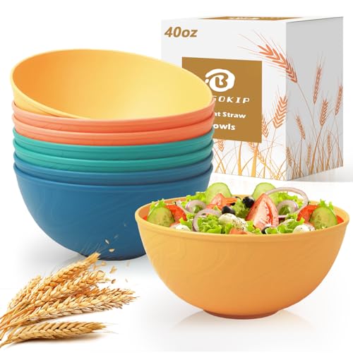 BUSOKIP 40OZ Wheat Straw Bowls Sets of 8, Unbreakable & Thick Ramen Bowl, Microwave & Dishwasher Safe Large Soup Bowls, Reusable Plastic Cereal Bowls for Party, Camping, Patio Dinning, RVs- Multi - Image 1