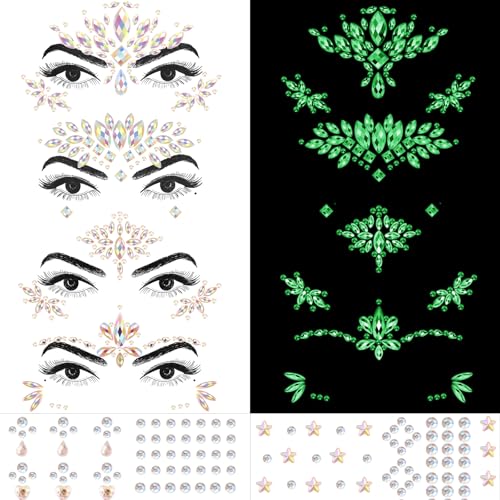 Erythem Face Gems for Women 6 Sheets Face Jewels Stick On Self Adhesive Rhinestones Stickers for Makeup Music Festival Rave Party 4Luminous - Image 1
