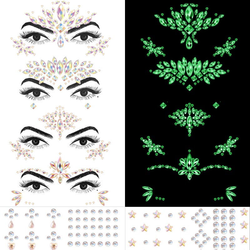 Erythem Face Gems for Women 6 Sheets Face Jewels Stick On Self Adhesive Rhinestones Stickers for Makeup Music Festival Rave Party 4Luminous - Image 3