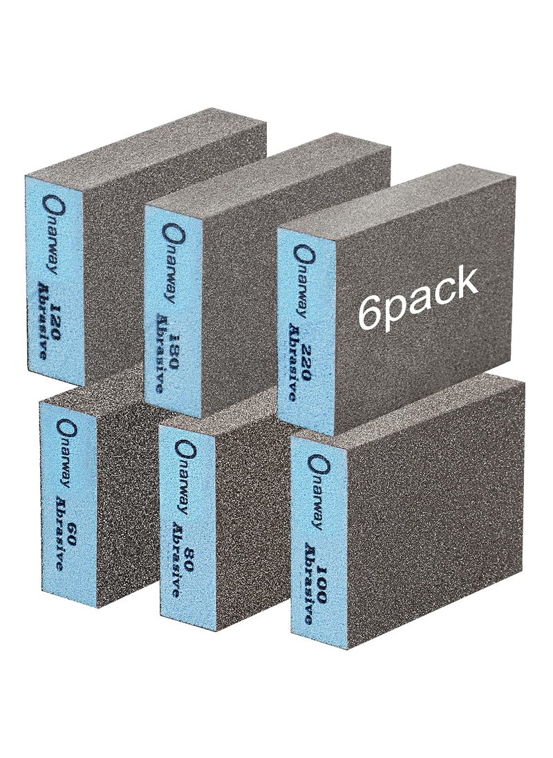 Onarway Onarway Sanding Blocks 6 Pack Wet and Dry Dualuse Sanding Sponges Coarse and Fine  6080100120180220 Grits 6 Different Specifications Washable and Reusable Ideal for Wood Metal Wall Polish 