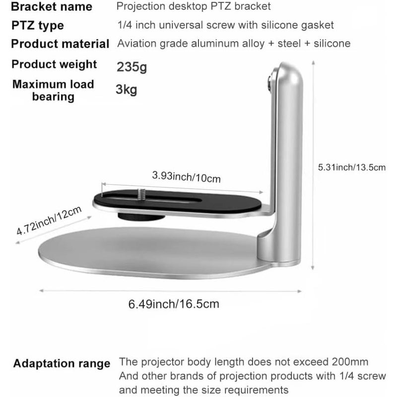 Desktop Mini Projector Stand for Video Projectors Aluminum, Black, 180 Adjustable Angle with 1/4 Screw and Silicone Gasket Mount, 360 Rotation - Image 3