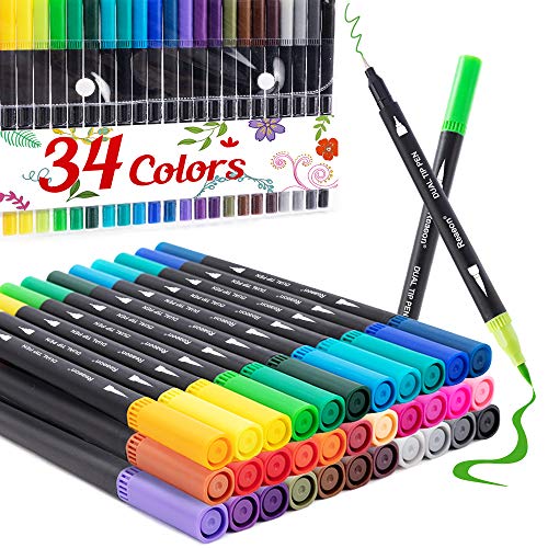 Reaeon Coloring Markers Pen, Dual Brush Tip Marker for Adult Coloring, 34 Color Calligraphy Fine Tip Pen for Beginner Journal Planner, Drawing, Doodle - Image 1