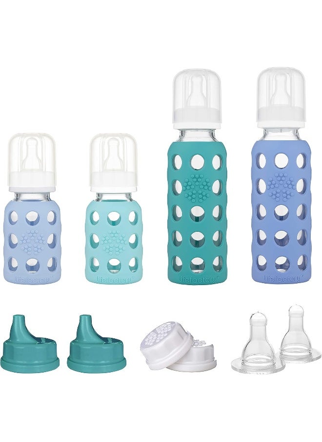 lifefactory Lifefactory 4 Starter Baby Bottle Set in Mint/Blanket & in Kale/Blueberry Flat & Sippy Caps Stage 2 10 Count  - Image 1