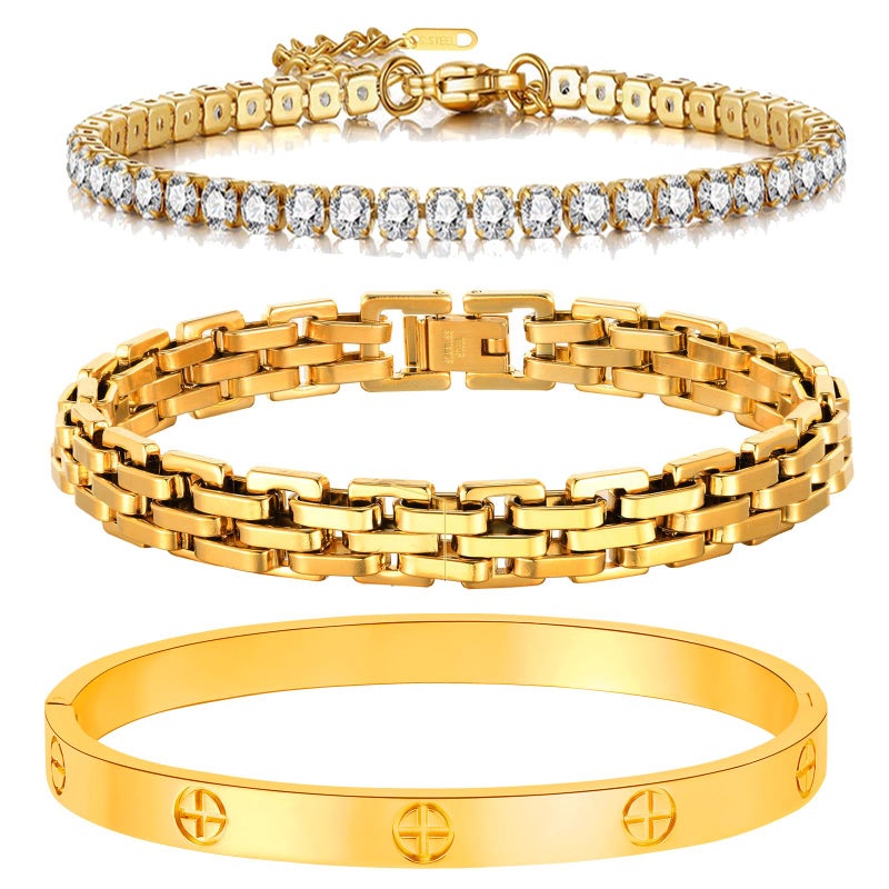 MVCOLEDY 18K Gold Plated Love Bangle Bracelet Set Cubic Zirconia Classic Stainless Steel Adjustable CZ Gold Tennis Love Bracelets Stack for women (Wristband Set) - Image 1