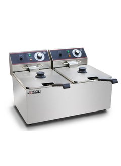 Grace Grace Commercial Countertop Electric Double Fryer 16L Stainless Steel 2 Tank Deep Fryer with Cover 6500 Watts  - Image 1