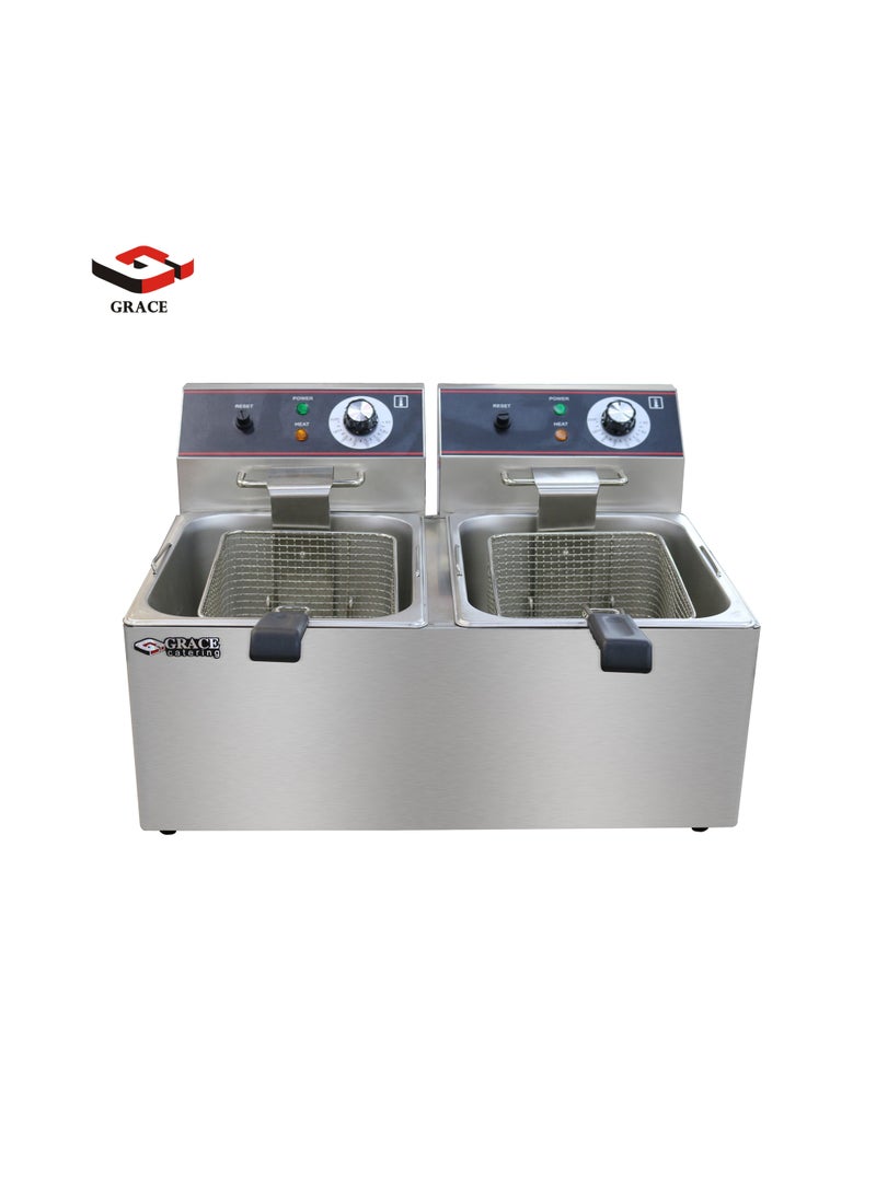 جريس مقلاة كهربائية Grace التجارية المزدوجة بسعة 8 لتر + 8 لتر من الفولاذ المقاوم للصدأ 2 خزان مع غطاء 6.5 كيلو واط - Image 3