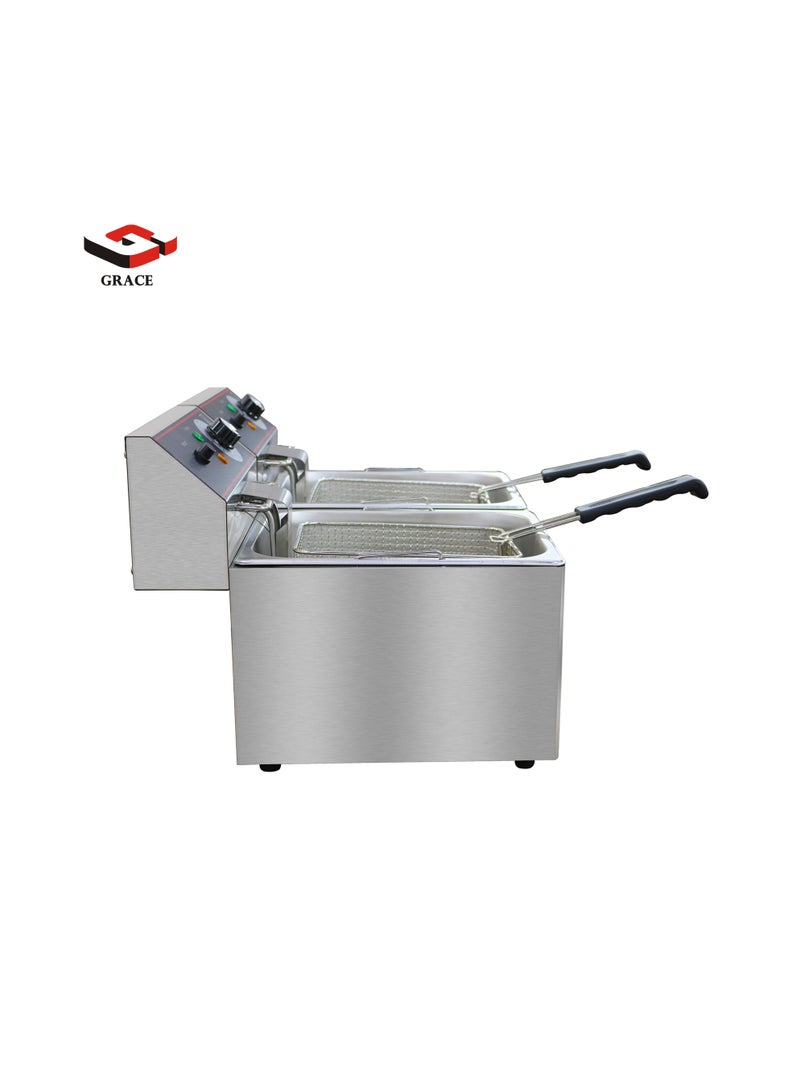 جريس مقلاة كهربائية Grace التجارية المزدوجة بسعة 8 لتر + 8 لتر من الفولاذ المقاوم للصدأ 2 خزان مع غطاء 6.5 كيلو واط - Image 4