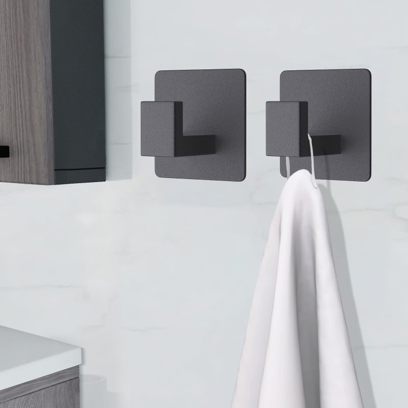 VAEHOLD Adhesive Towel Hooks, Heavy Duty Wall Hooks Aluminum Black Hooks for Hanging Coat, Hat, Towel, Robe, Clothes, Shower Hook for Door, Office, Kitchen, Bathroom - 2 Pack (Black) - Image 3