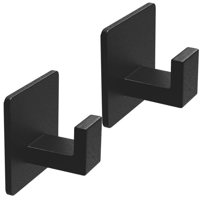 VAEHOLD Adhesive Towel Hooks, Heavy Duty Wall Hooks Aluminum Black Hooks for Hanging Coat, Hat, Towel, Robe, Clothes, Shower Hook for Door, Office, Kitchen, Bathroom - 2 Pack (Black) - Image 1
