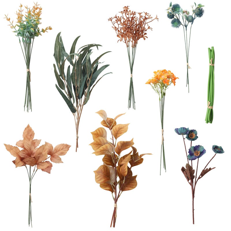 Floroom Artificial Greenery Stems Box Set 39pcs with 8 Kinds of Faux Greenery Flowers Picks for DIY Bridal Bouquets Wedding Floral Arrangement Table Centerpieces Earth Tones  Teal