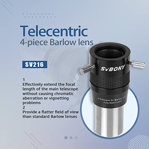 SVBONY SV216 2X Barlow Lens, 1.25inch FMC 4-Elements APO Apochromatic Barlow, Double Magnification Telescope Accessories for Planetary Visual and Photography - Image 2