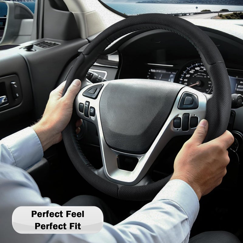 Aotoyou غطاء عجلة القيادة لسيارات Ford Explorer 2011-2019/ Edge 2011-2014/ Flex 2013-2019/ Taurus 2013-2019، مزود بحماية إضافية (جلد أسود مثقوب) - Image 5