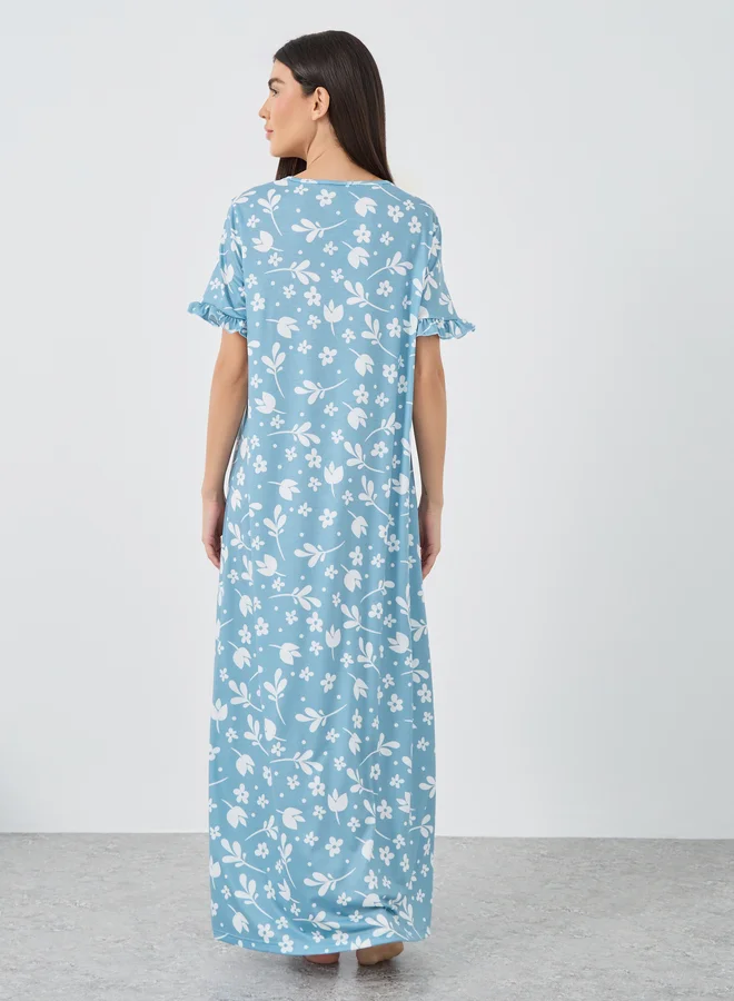 Styli Styli Ruffle Sleeve Tropical Print Sleep T-Shirt Dress