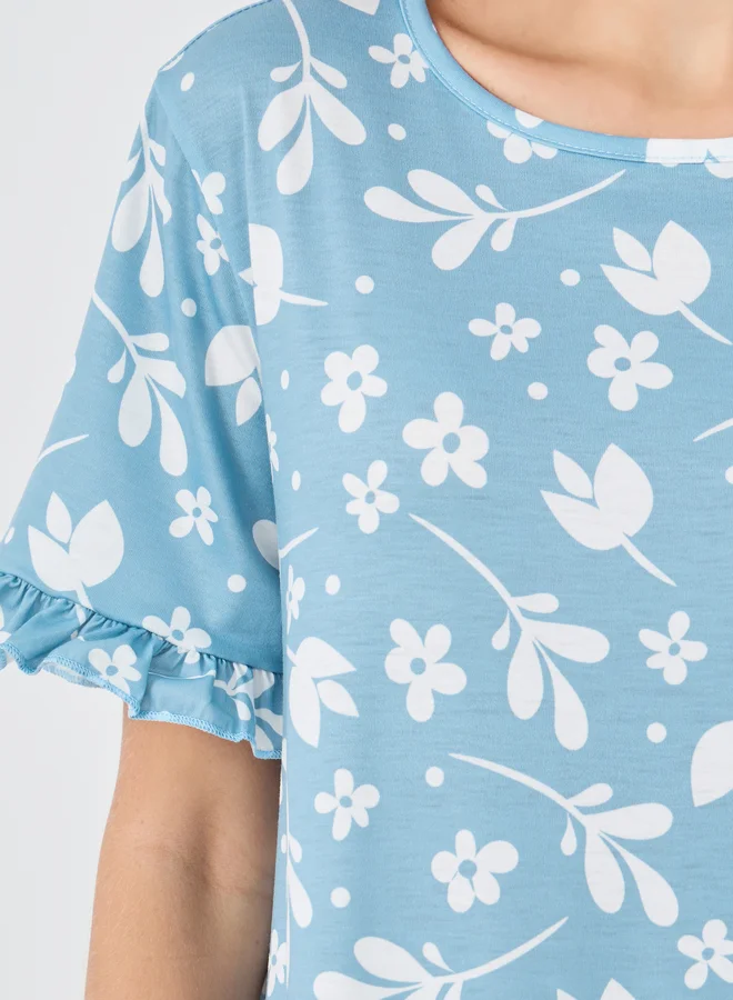 Styli Styli Ruffle Sleeve Tropical Print Sleep T-Shirt Dress
