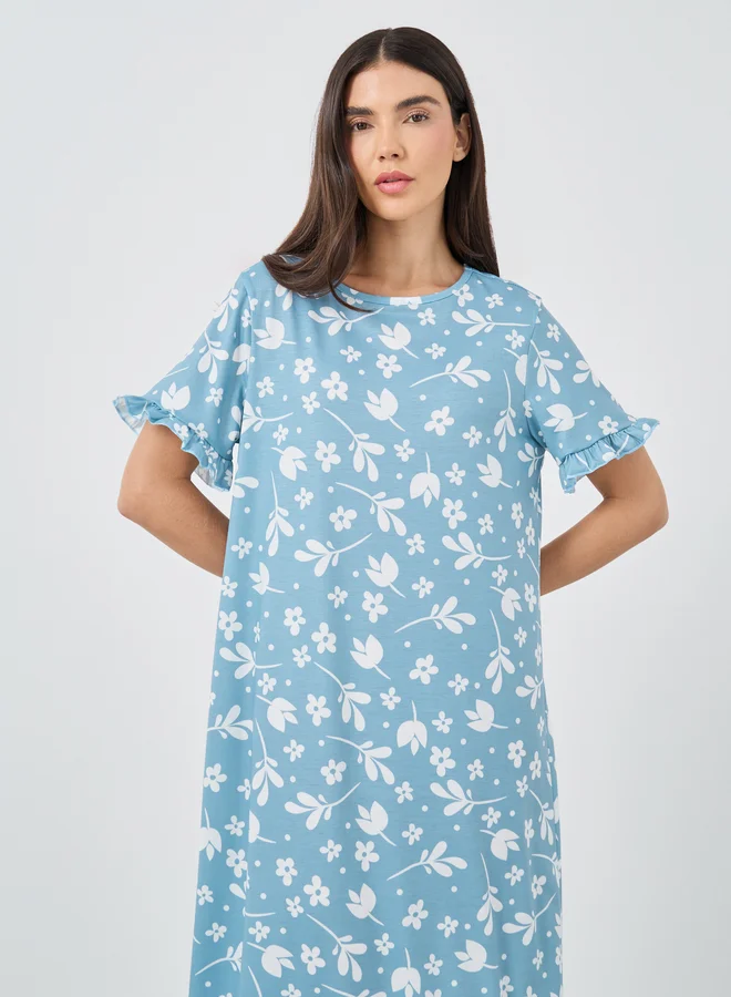 Styli Styli Ruffle Sleeve Tropical Print Sleep T-Shirt Dress