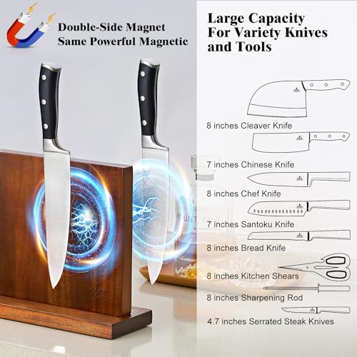 ENOKING كتلة سكاكين مغناطيسية ENOKING 12.5 × 9 بوصة، حامل سكاكين مغناطيسي مزدوج الجوانب مزود بثلاثة مغناطيسات قوية، منظم تخزين سكاكين عالمي من خشب الأكاسيا لمطبخك - Image 3