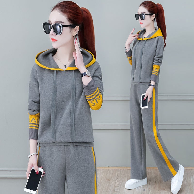 Wide Leg Pants Set Womens Spring Wear 2023 New Korean Loose Fashion Sweatshirt Casual Sportswear Two-Piece Trendy Pants Grey (Suit) 