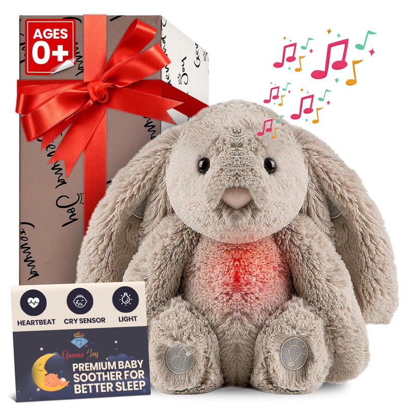 Gemma Joy Bedtime Baby Soothers for Sleep Cry Activated Heartbeat Stuffed Animal for Baby Newborn Calming Light Lullaby Music White Noise Shush and Mothers Heartbeat Bunny Rechargeable