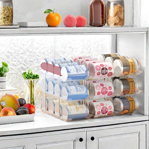 Attelite Can Organizer for Pantry, 3 Sets 2Tiers Can Storage Organizer Pantry, Soda Can Organizer for Fridge 24 Cans Rack Automatic Rolling Stackable Canned Food Organizer,Clear - Image 5