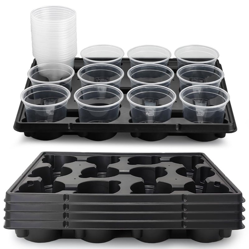 RooTrimmer 12 Cell Nursery Pot Trays 5 Pack with 4 Inch Clear Plant Pots 60 Pack, Thick Sturdy Seeds Starting Germination Shuttle Carrying Trays, Black Small Planter Nursery Propagation 5 Sets - Image 1