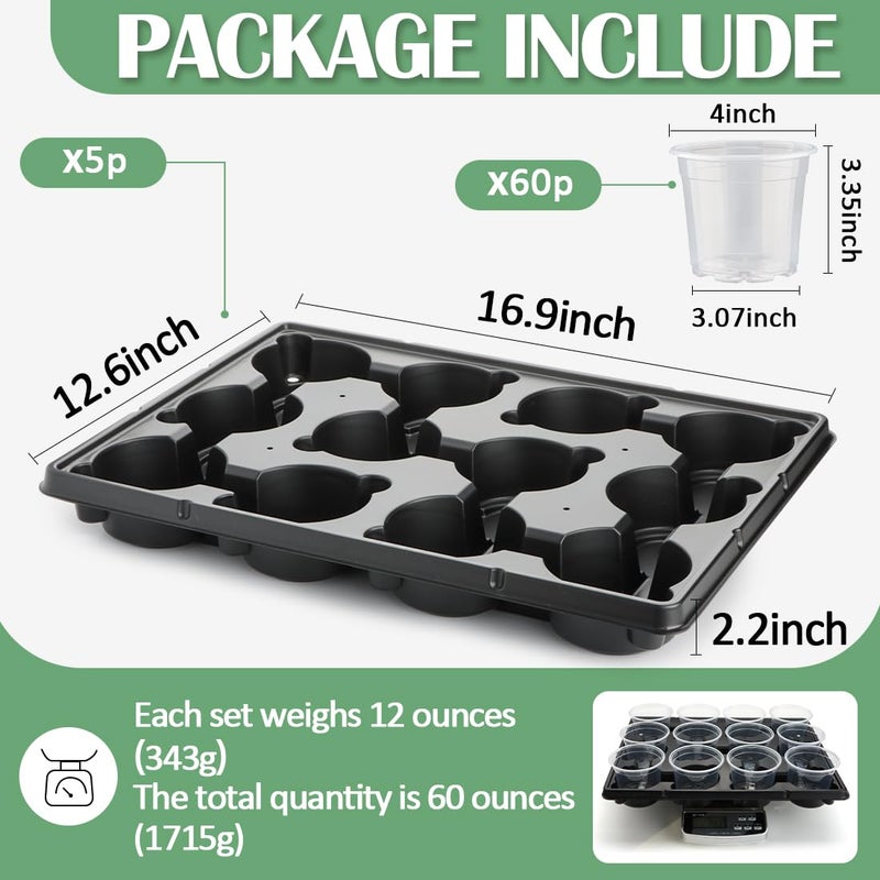 RooTrimmer 12 Cell Nursery Pot Trays 5 Pack with 4 Inch Clear Plant Pots 60 Pack, Thick Sturdy Seeds Starting Germination Shuttle Carrying Trays, Black Small Planter Nursery Propagation 5 Sets - Image 2