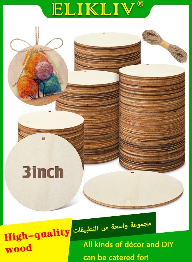 ELIKLIV 50pcs 3 Inch Pre-drilled Blank Wooden Disc DIY Home Decor Set With 10m Rope For Saudi Home, Festive Decoration - Image 1