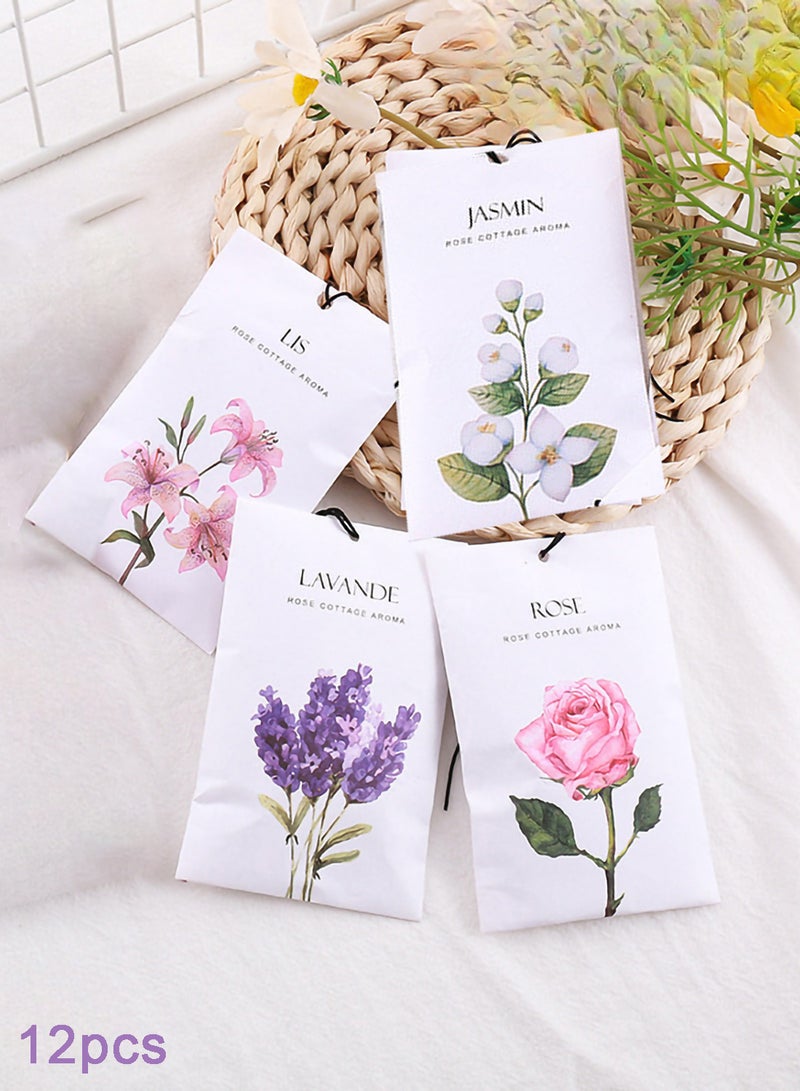موثوقية التنبؤ عبوة من 12 كيس معطر زهور، 4 عطور معطر خزانة الملابس بالورد واللافندر والزنبق والياسمين، معطر معطر للأدراج والحمام والأحذية والسيارة - Image 1