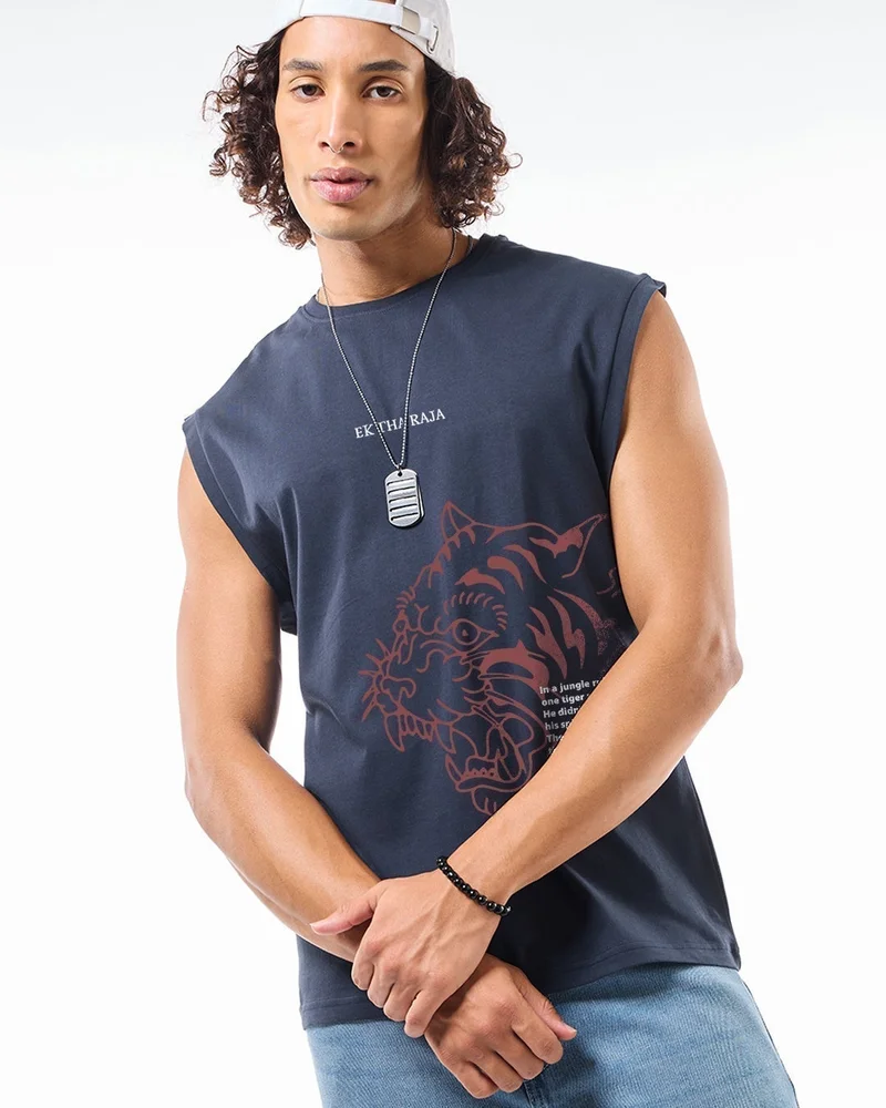 bewakoof Men's Navy Blue Ektha Raja Graphic Printed Boxy Fit Vest