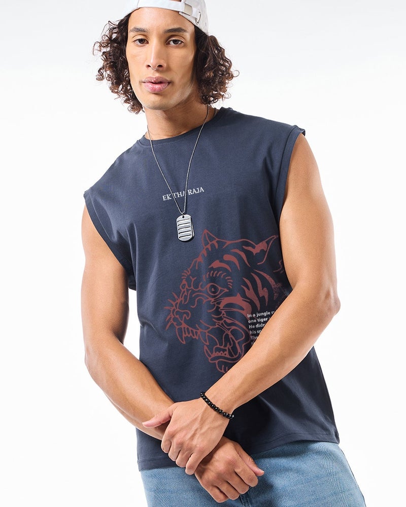 bewakoof Men's Navy Blue Ektha Raja Graphic Printed Boxy Fit Vest - Image 1