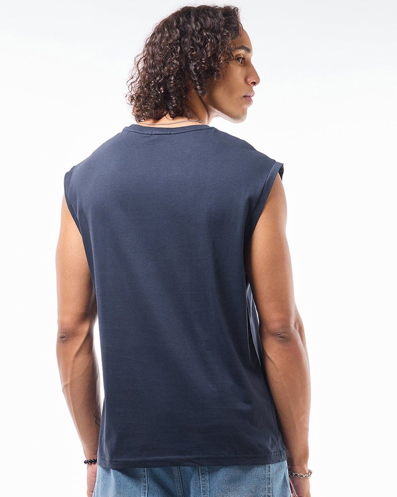 bewakoof Men's Navy Blue Ektha Raja Graphic Printed Boxy Fit Vest - Image 3