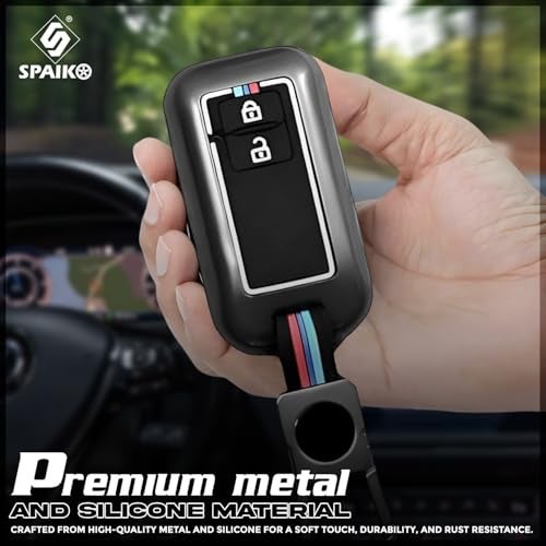 SPAIKO® Metal Silicone TPU Car Key Cover Compatible with Maruti Suzuki Baleno, Grand Vitara, XL6, Fronx, Dzire, Brezza, Jimny, Swift, Ertiga- 2 Smart Button Protective Shell with Keychain (Black) - Image 2