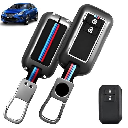 SPAIKO® Metal Silicone TPU Car Key Cover Compatible with Maruti Suzuki Baleno, Grand Vitara, XL6, Fronx, Dzire, Brezza, Jimny, Swift, Ertiga- 2 Smart Button Protective Shell with Keychain (Black) - Image 1