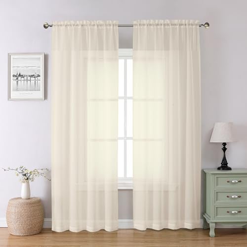 Lecloud Cream Sheer Curtains 84 Inches Long 2 Panels Set, Elegant Light Filtering Window Curtains with Rod Pocket, Airy Voile Transparent Dreaps for Living Room Decor, Each Panel 42 X 84 Inch - Image 1