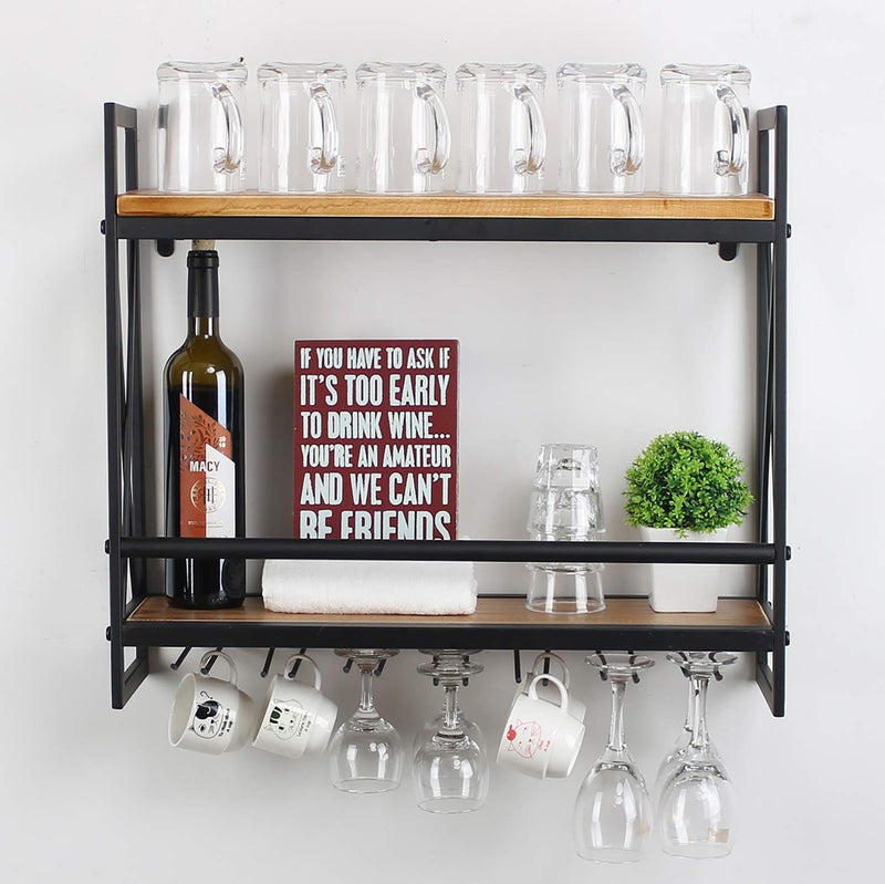 MBQQ Rustic Wall Mounted Wine Racks with 6 Stem Glass Holder236in Industrial Metal Hanging Wine Rack2Tiers Wood Shelf Floating ShelvesHome Room Living Room Kitchen Decor Display Rack