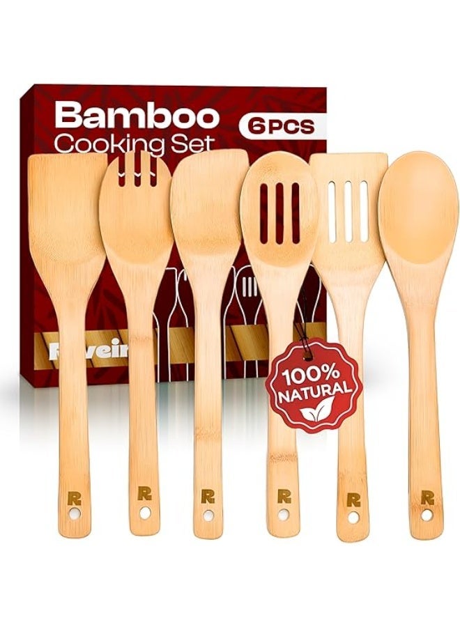 Riveira Bamboo Cooking Spoons 6-Piece – Wooden Cooking Utensils Set with Wooden Spoons for Cooking & Spatulas Wooden Utensil Sets – Premium Kitchen Utensils Set – Durable First Apartment Essentials - Image 1