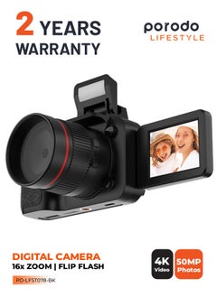 porodo 50MP Digital Camera with 16x Zoom and Flip Flash / 2.2" Screen/ 4K Video / 180° Flip Screen for selfies - Black  - Image 1
