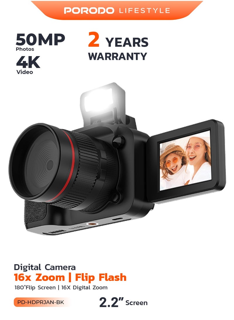 porodo 50MP Digital Camera with 16x Zoom and Flip Flash / 2.2" Screen/ 4K Video / 180° Flip Screen for selfies - Black  - Image 1