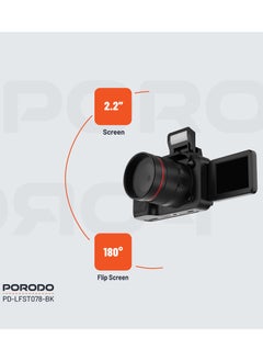 porodo 50MP Digital Camera with 16x Zoom and Flip Flash / 2.2" Screen/ 4K Video / 180° Flip Screen for selfies - Black  - Image 2
