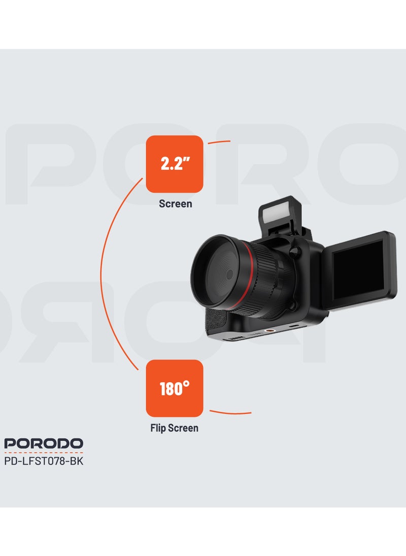 porodo - 50MP Digital Camera with 16x Zoom and Flip Flash / 2.2" Screen/ 4K Video / 180° Flip Screen for selfies - Black - Image 1