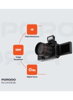 porodo 50MP Digital Camera with 16x Zoom and Flip Flash / 2.2" Screen/ 4K Video / 180° Flip Screen for selfies - Black  - Image 3