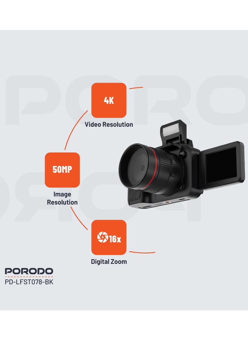 porodo - 50MP Digital Camera with 16x Zoom and Flip Flash / 2.2" Screen/ 4K Video / 180° Flip Screen for selfies - Black - Image 1